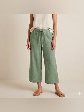 MyStyle Sage Green Wide Leg Cropped Linen Blend Pants Pull On Size 1X Pockets